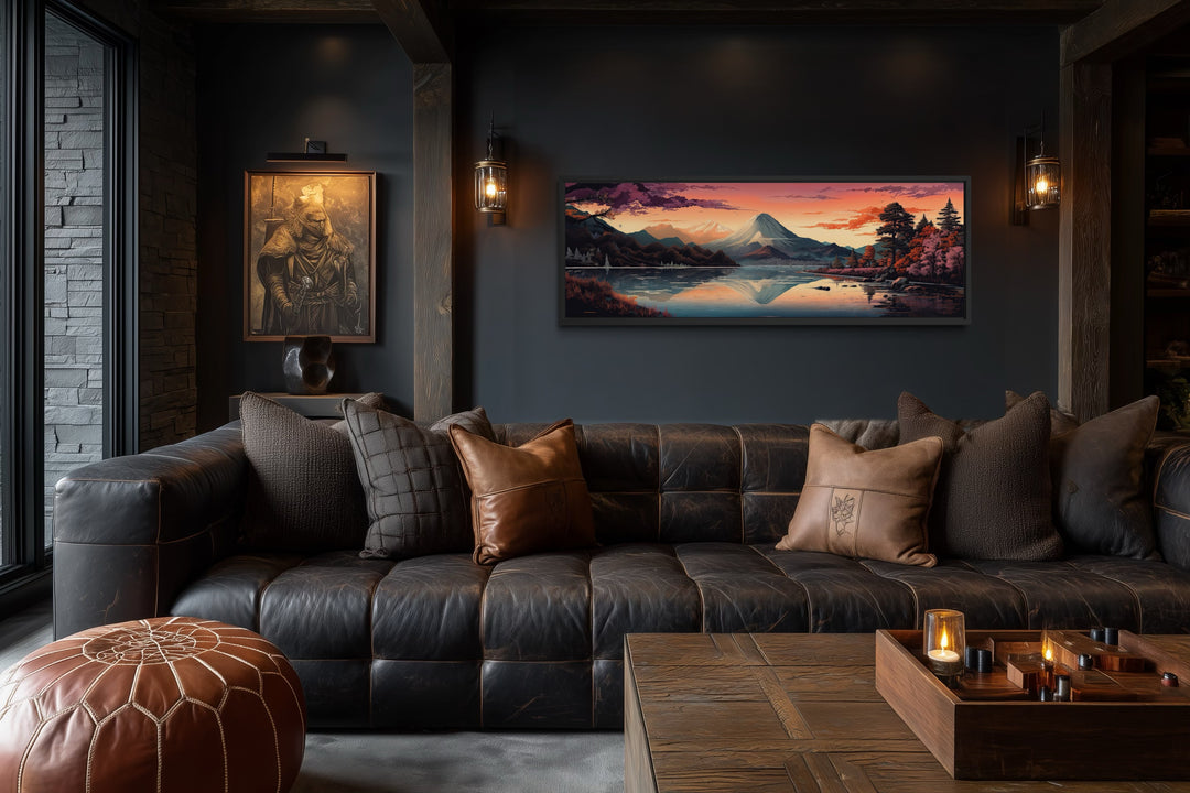 Horizontal framed canvas of Mt. Fuji and Lake Kawaguchiko in a dark, modern living room.