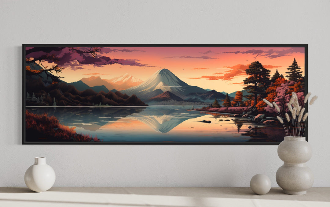 Mt. Fuji And Lake Kawaguchiko Japanese Landscape Horizontal Framed Canvas Wall Art