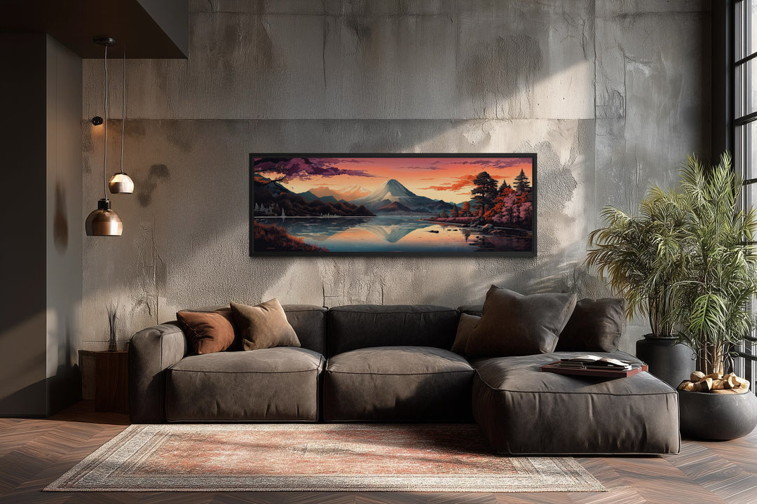 Mt. Fuji and Lake Kawaguchiko Japanese landscape horizontal framed canvas art above a brown sofa.