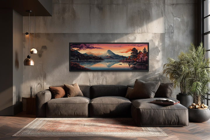 Mt. Fuji and Lake Kawaguchiko Japanese landscape horizontal framed canvas art above a brown sofa.
