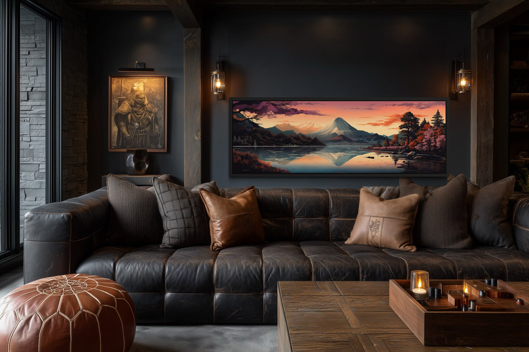 Mt. Fuji And Lake Kawaguchiko Japanese Landscape Horizontal Framed Canvas Wall Art