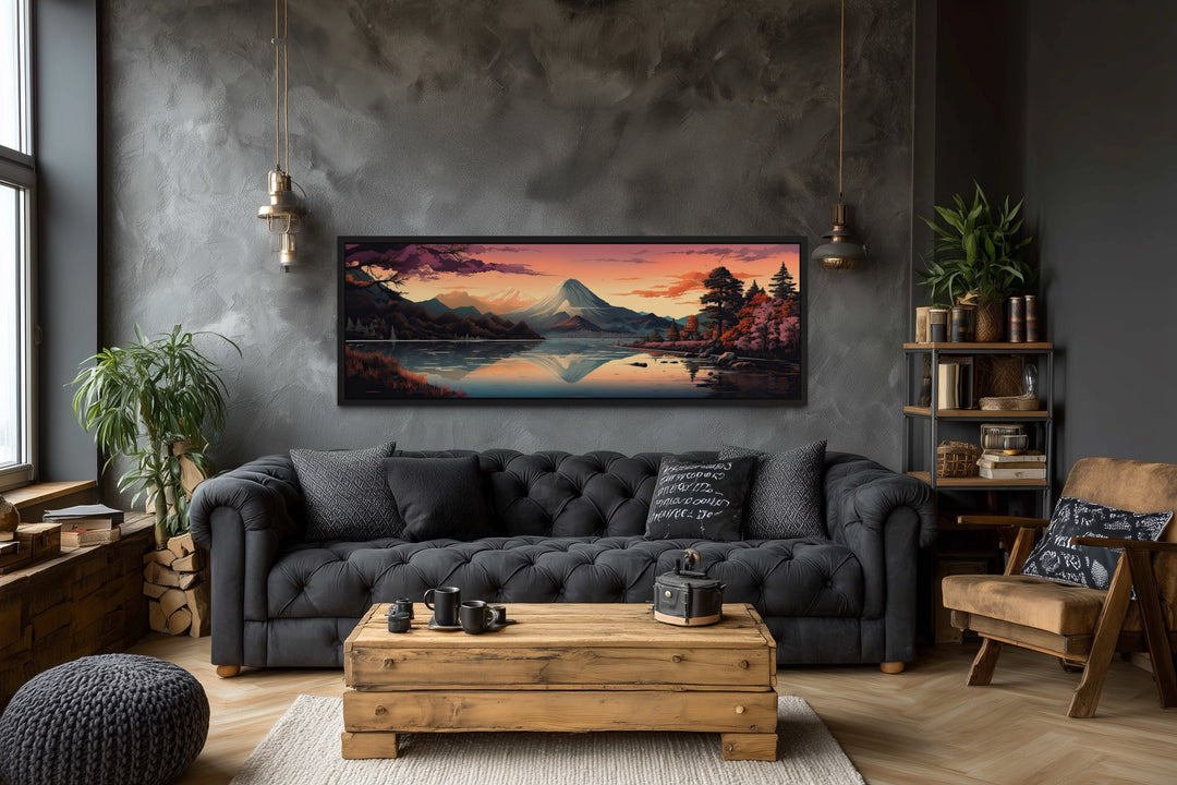 Mt. Fuji And Lake Kawaguchiko Japanese Landscape Horizontal Framed Canvas Wall Art