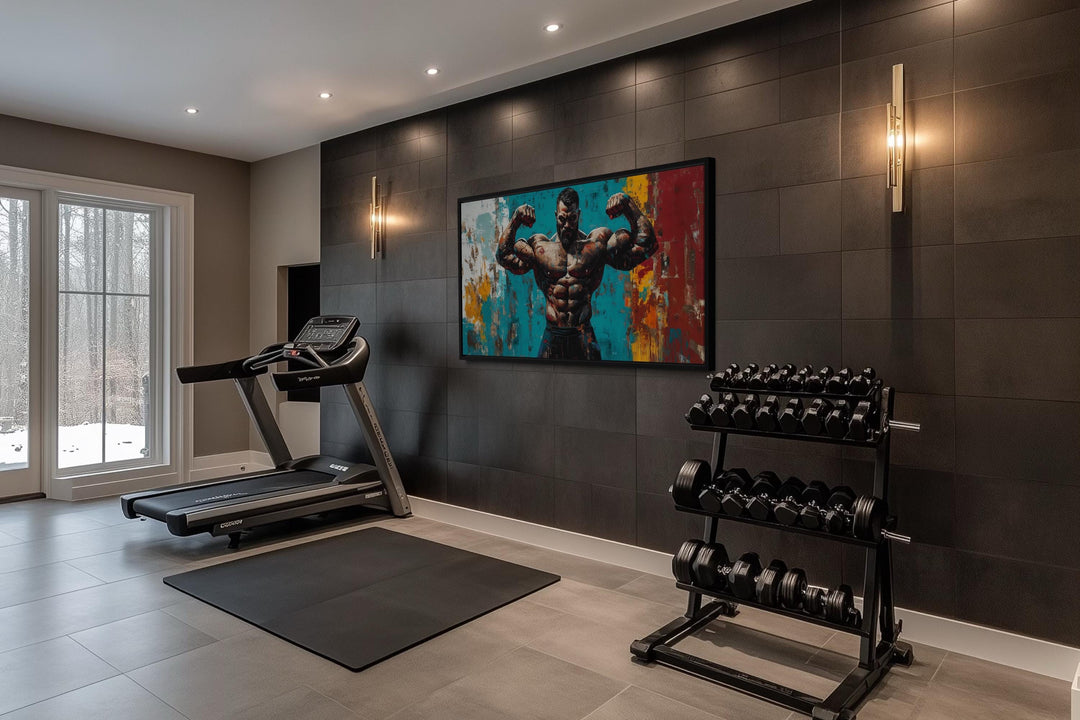 A bold canvas print of a muscular man flexing, displayed on a dark tiled wall in a modern home gym.