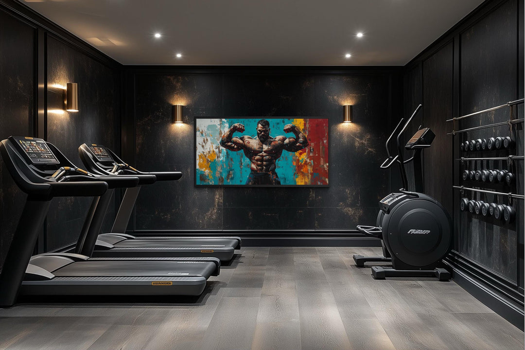 A horizontal canvas of a muscular man flexing against a colorful, abstract background in a gym.