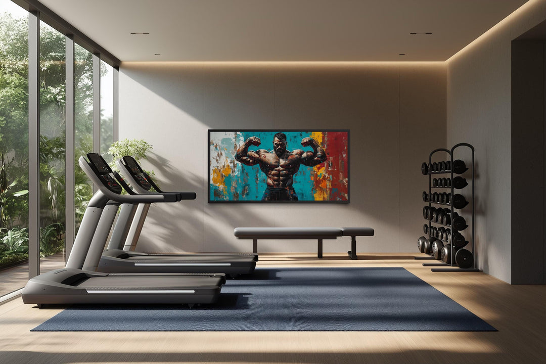 A horizontal canvas of a muscular man flexing against a colorful, abstract background in a gym.
