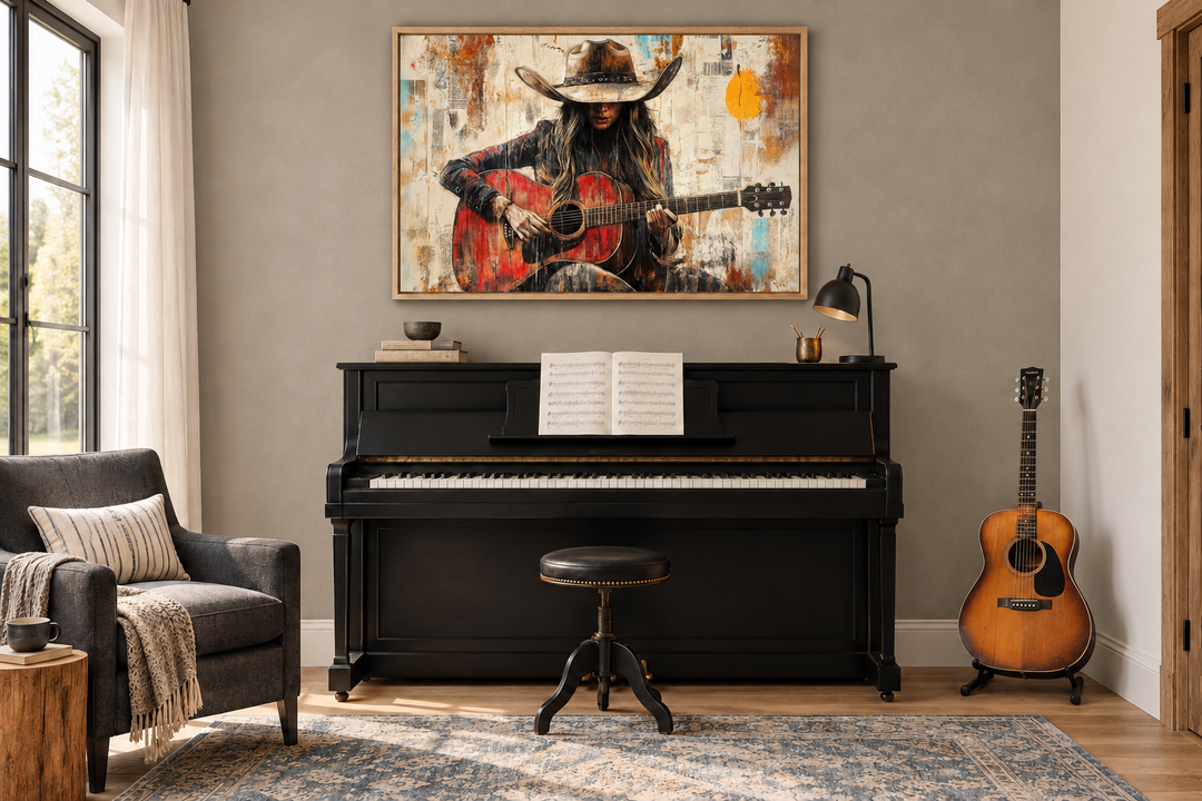 Cowgirl Playing Guitar Framed Canvas Wall Art hanging above a black piano in a music room.
