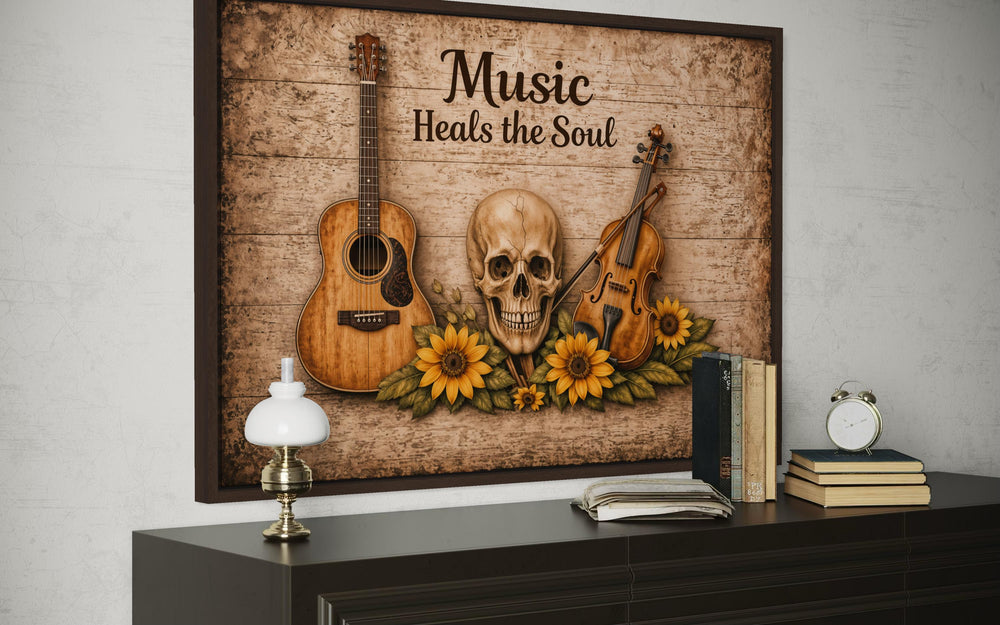 Music Heals the Soul canvas wall art featuring a skull, guitar, violin, and sunflowers.