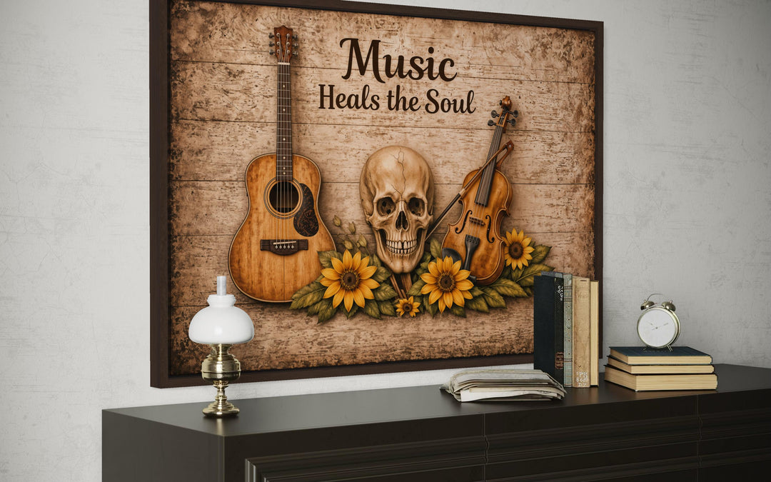 Music Heals the Soul canvas wall art featuring a skull, guitar, violin, and sunflowers.