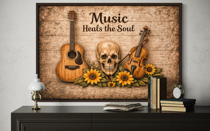 Music Heals the Soul canvas wall art featuring a skull, guitar, violin, and sunflowers.