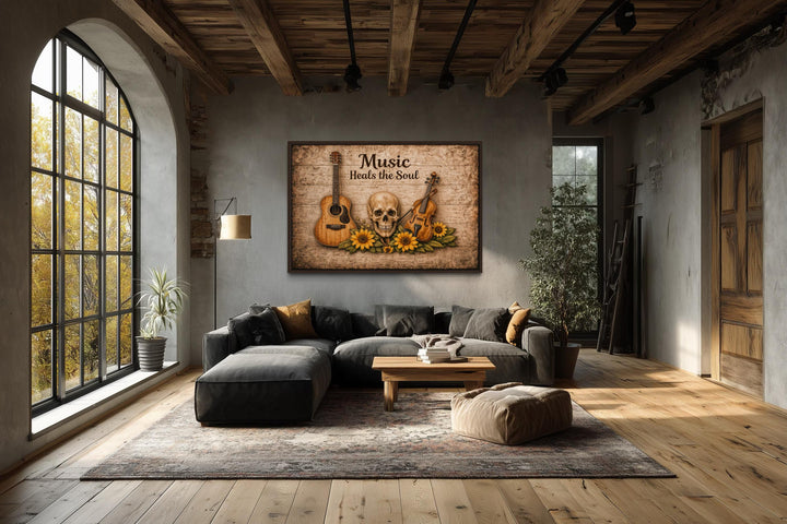 Music Heals the Soul canvas wall art featuring a skull, guitar, violin, and sunflowers.
