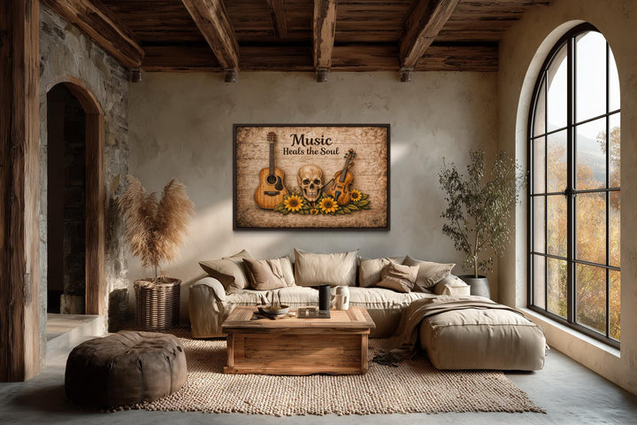 Music Heals the Soul canvas wall art featuring a skull, guitar, violin, and sunflowers.