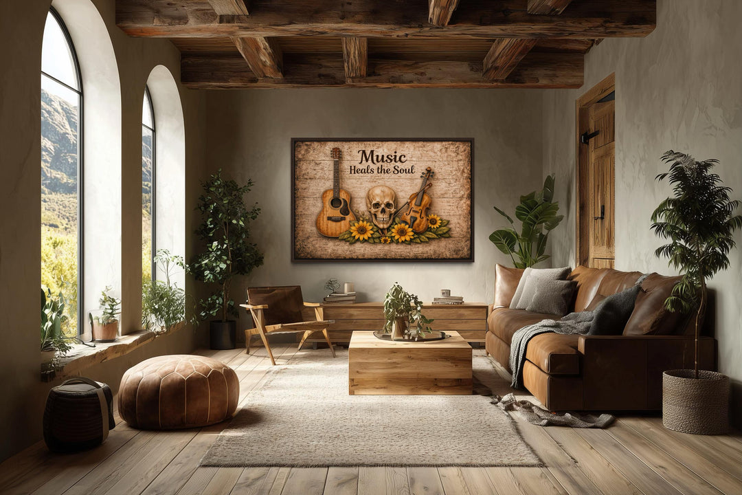 A rustic canvas wall art featuring a skull, guitar, violin, and sunflowers in a cozy living room.
