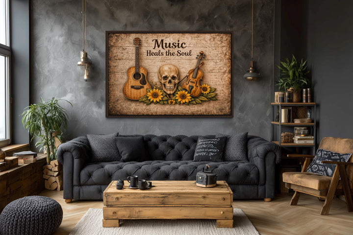 A rustic canvas wall art featuring a skull, guitar, violin, and sunflowers with musical text.