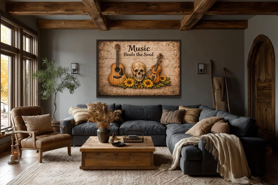 A rustic canvas wall art featuring a skull, guitar, violin, and sunflowers with musical text.
