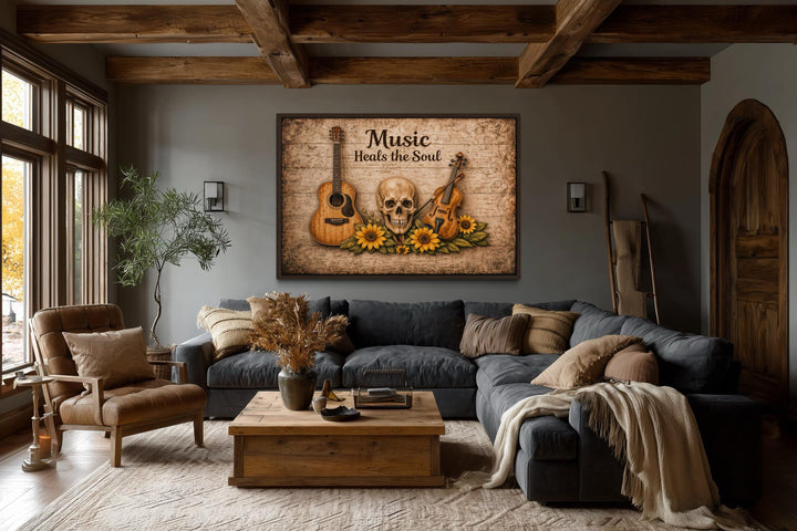A rustic canvas wall art featuring a skull, guitar, violin, and sunflowers with musical text.