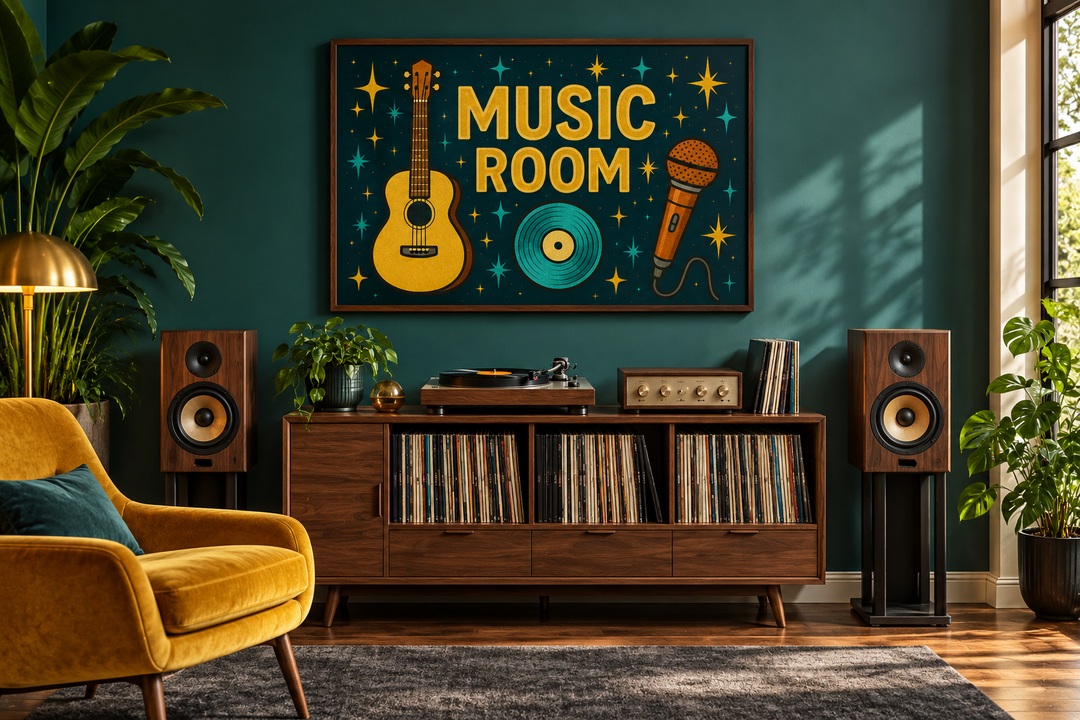 Retro Music Room framed canvas wall art featuring a guitar, microphone, and record on a teal wall.