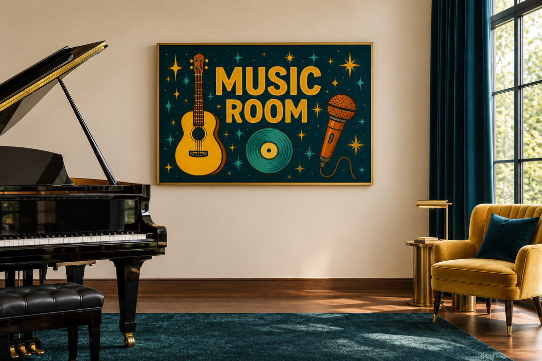 Retro Music Room framed canvas wall art with guitar, microphone, and record on a teal background.