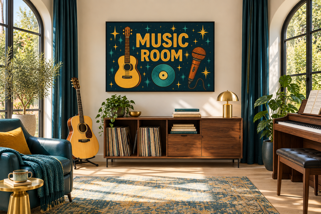 Retro Music Room framed canvas wall art with guitar, microphone, and record on a teal background.