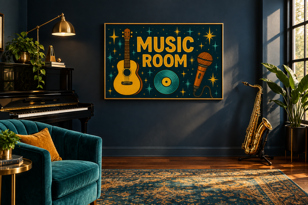 Retro Music Room framed canvas wall art with guitar, microphone, and record on a dark blue wall.