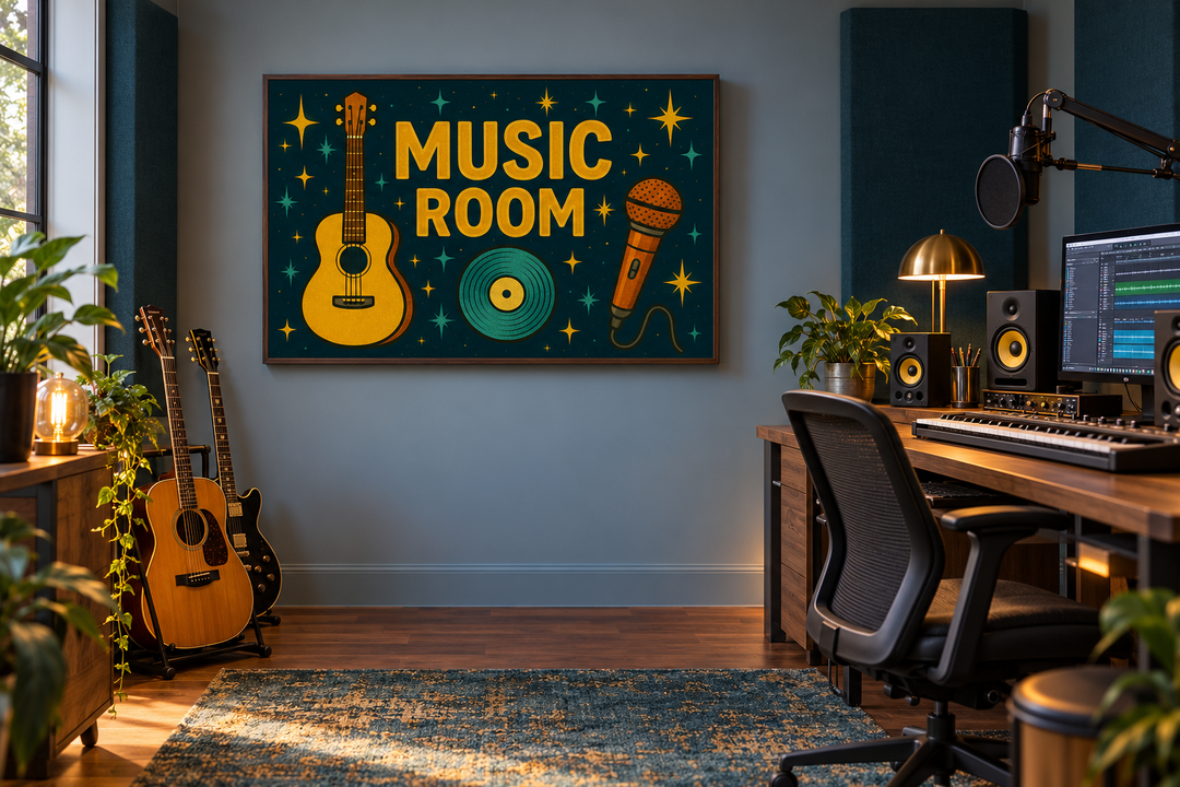 Retro Music Room framed canvas wall art with guitar, microphone, and record on a teal background.