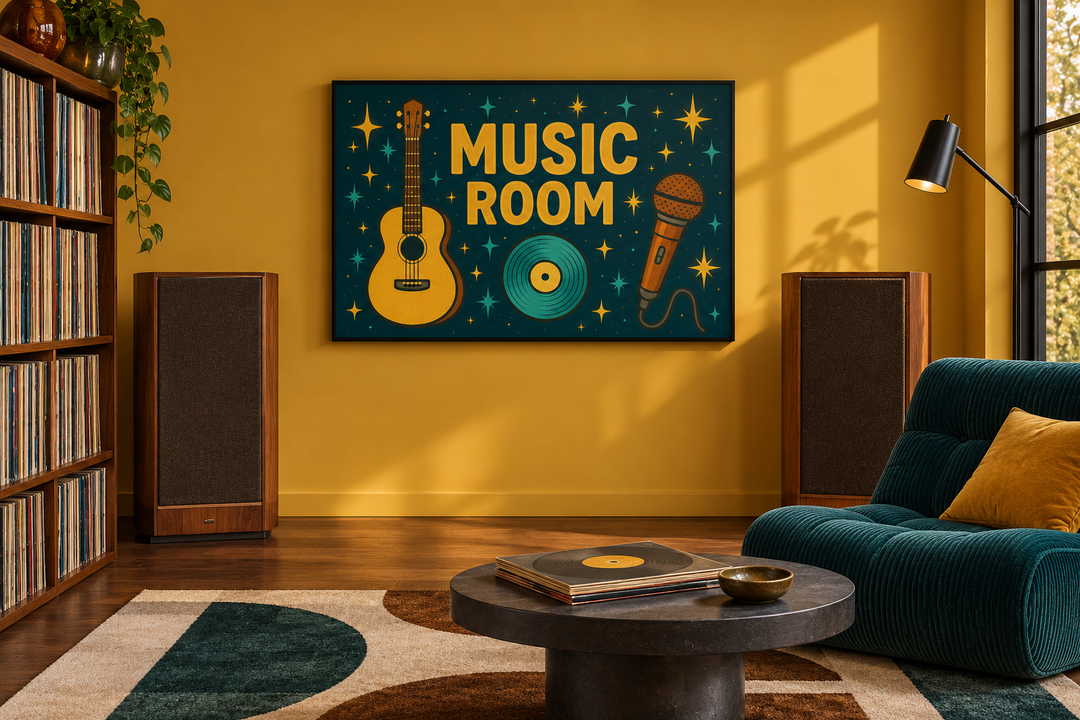 Retro Music Room framed canvas wall art with guitar, microphone, and record on a teal background.