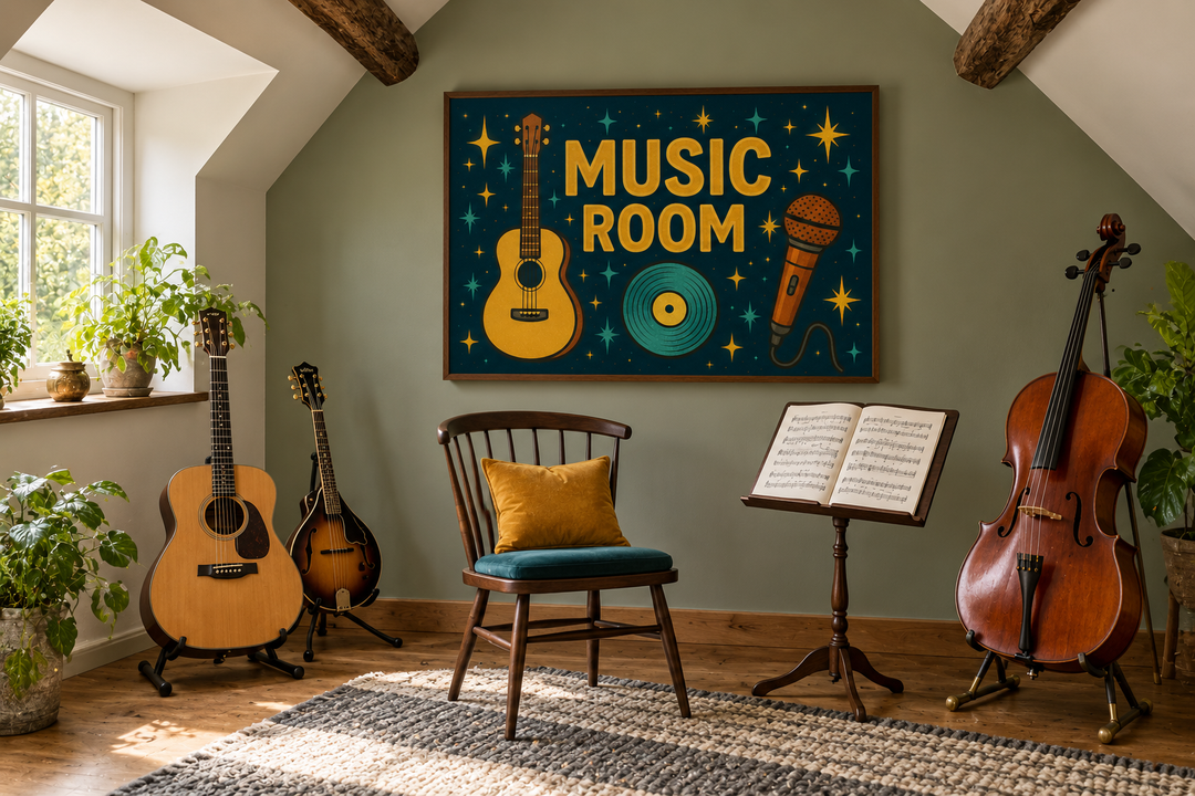 Retro Music Room framed canvas wall art featuring a guitar, microphone, and record on a teal background.