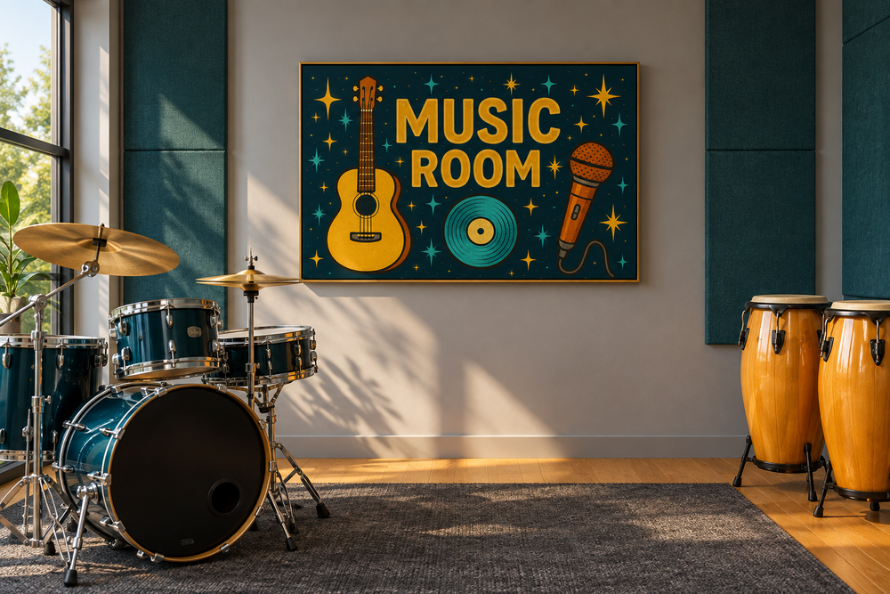 Retro Music Room framed canvas wall art with guitar, microphone, and record on a teal background.