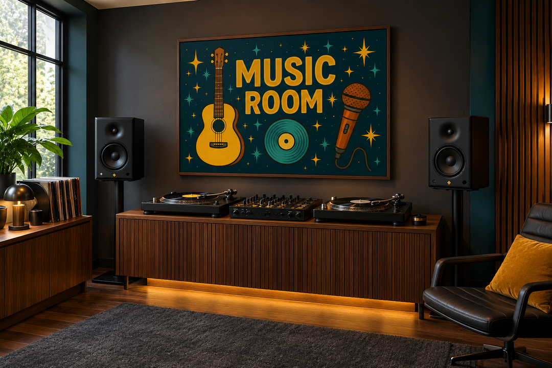 Retro Music Room framed canvas wall art with guitar, microphone, and record on a dark teal background