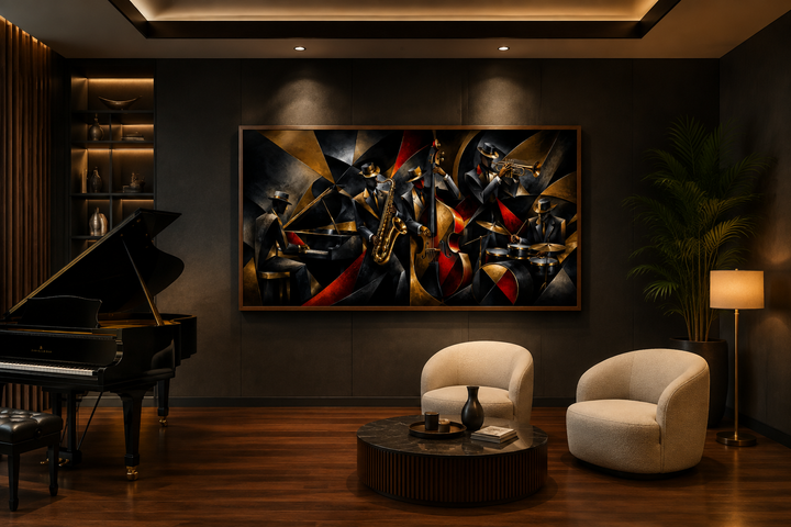 Abstract jazz band canvas wall art featuring musicians in a modern, dark-toned music room.