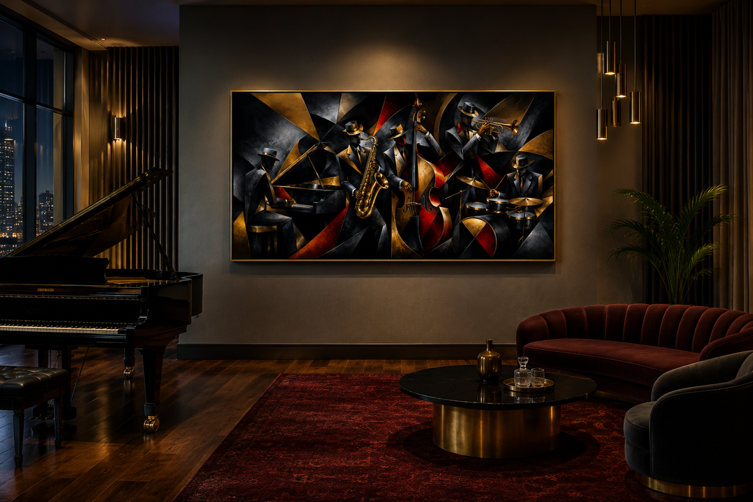 Colorful Jazz Band abstract painting in a gold frame above a sofa in a modern living room.