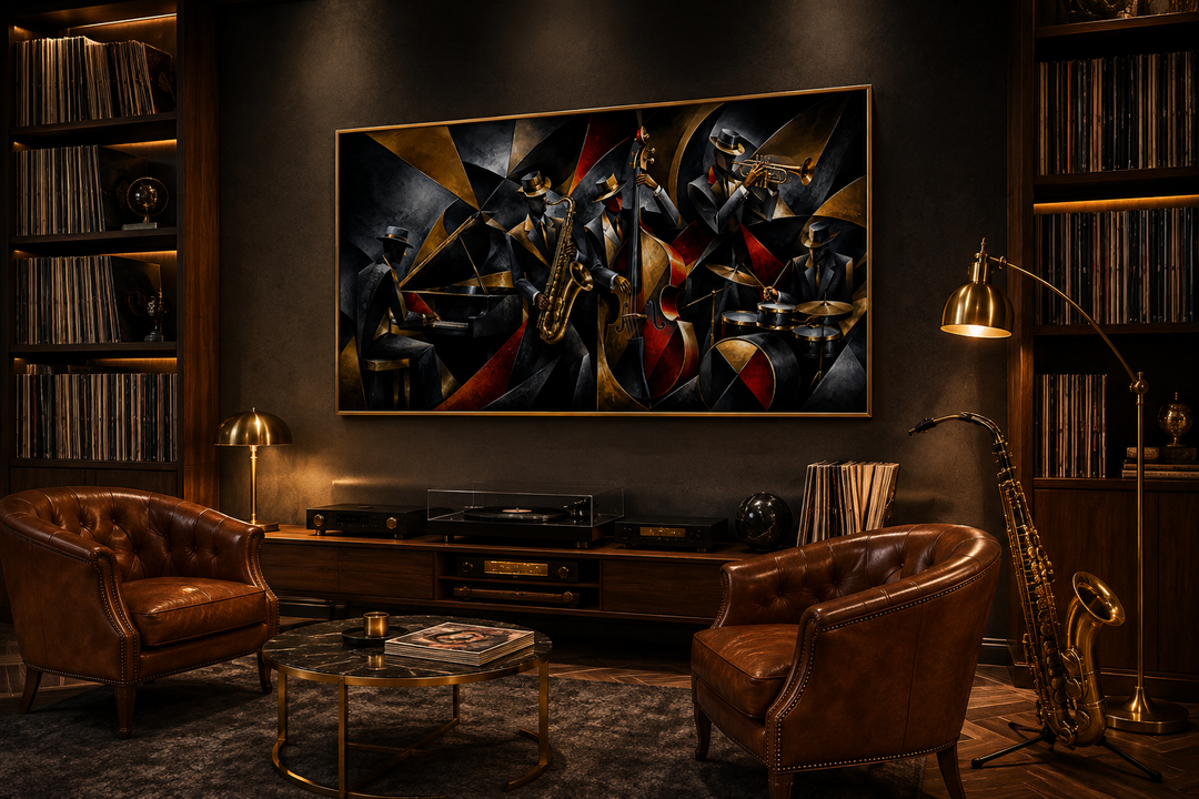 Colorful Jazz Band abstract painting on a dark wall in a sophisticated music room with leather chairs.