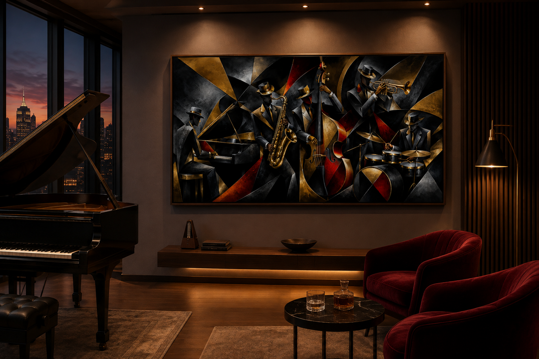 Abstract jazz band canvas wall art featuring musicians in a modern, geometric style.