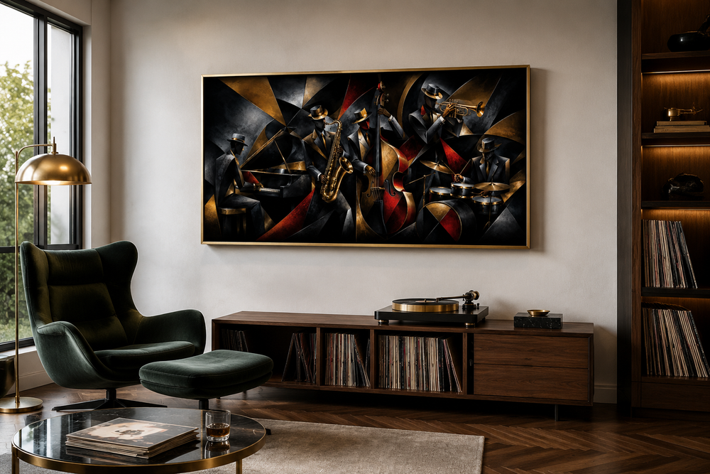 Abstract jazz band canvas wall art featuring musicians in a modern living room setting.