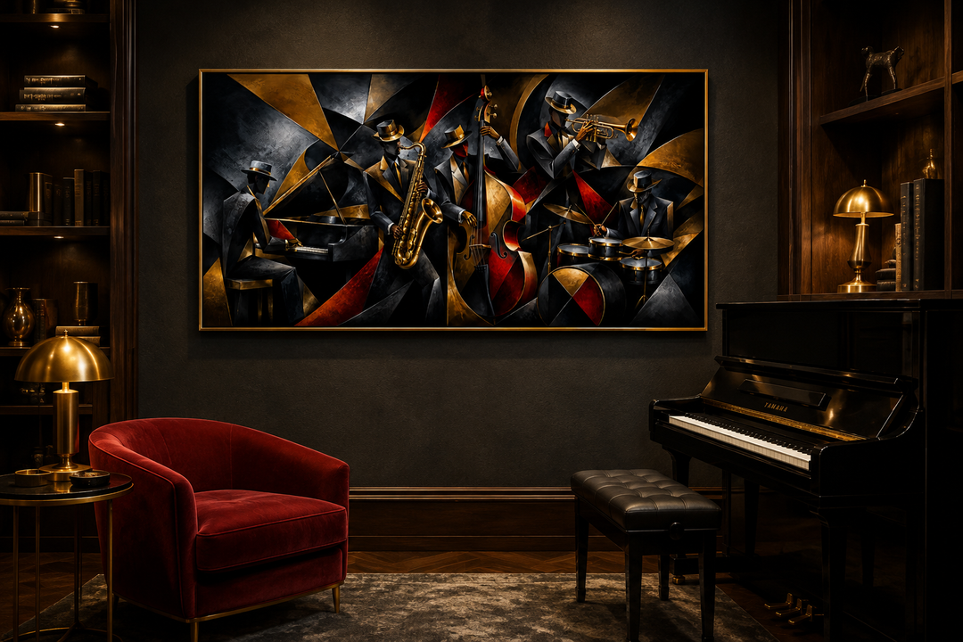 Abstract jazz band canvas wall art featuring musicians in a dark, sophisticated music room.
