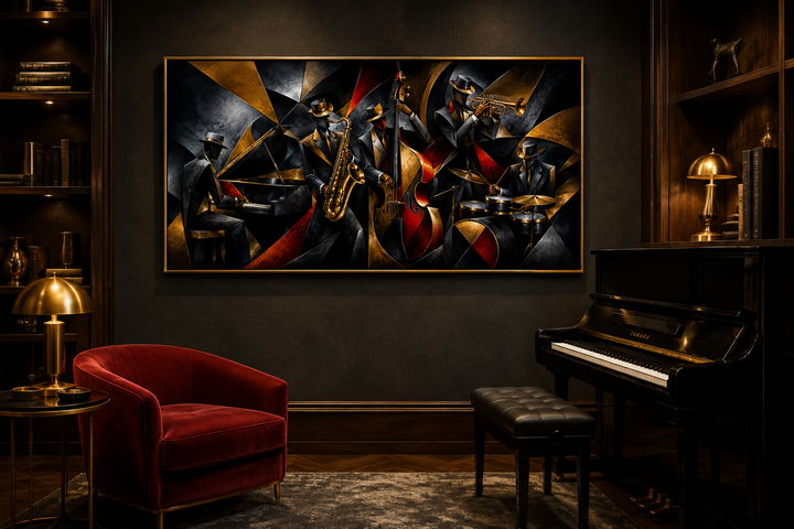 Abstract jazz band canvas wall art featuring musicians in a dark, sophisticated music room.