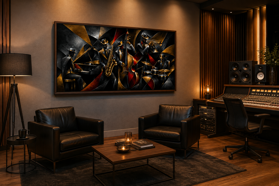 Colorful Jazz Band abstract painting on a wall in a modern music studio with leather armchairs.