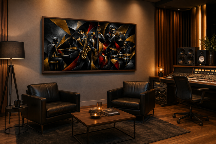 Colorful Jazz Band abstract painting on a wall in a modern music studio with leather armchairs.