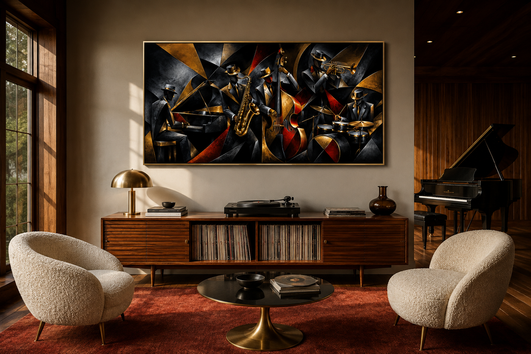 Abstract jazz band canvas wall art in a modern living room with mid-century furniture.