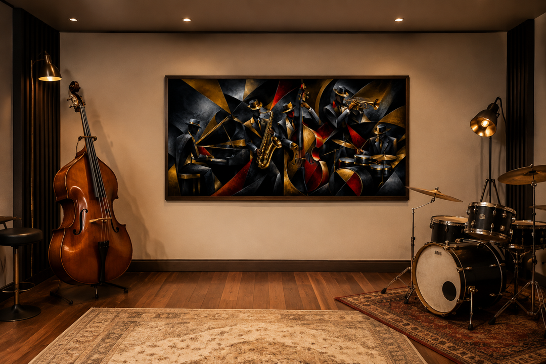 Abstract jazz band canvas wall art in a music room with a double bass and drum set.