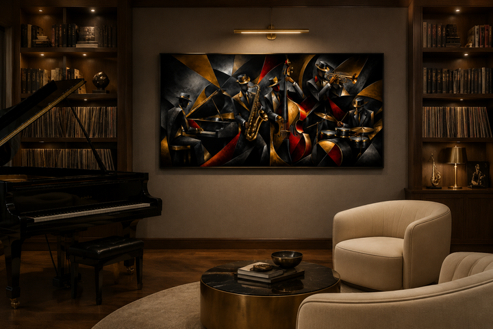 Colorful Jazz Band abstract painting on a wall in a sophisticated music room with a grand piano.