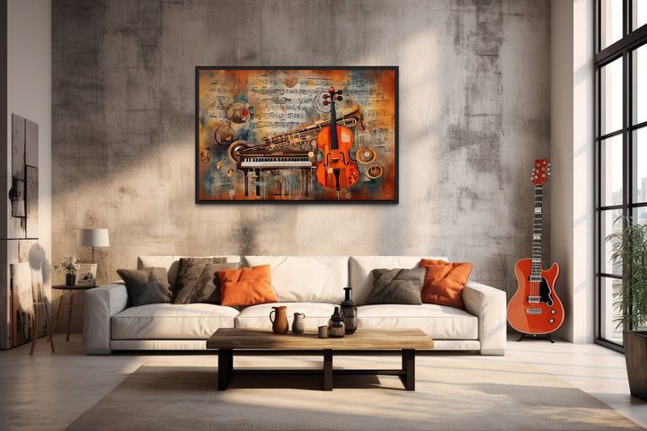 Musical Instruments And Notes Abstract Framed Canvas Wall Art