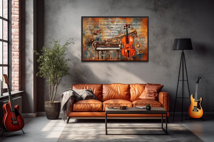 Musical Instruments And Notes Abstract Framed Canvas Wall Art