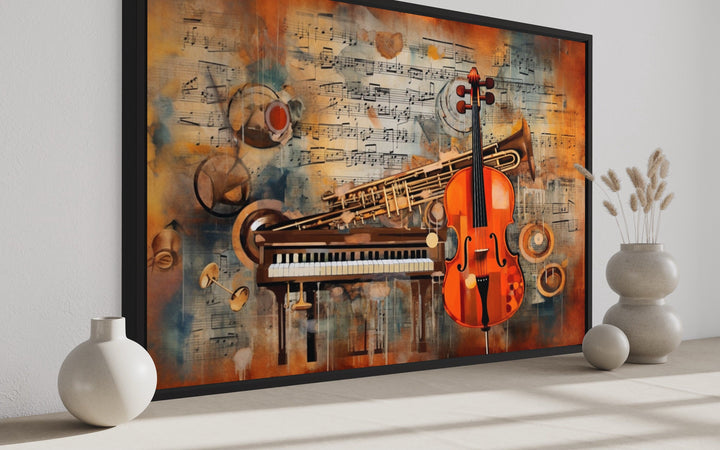 Musical Instruments And Notes Abstract Framed Canvas Wall Art