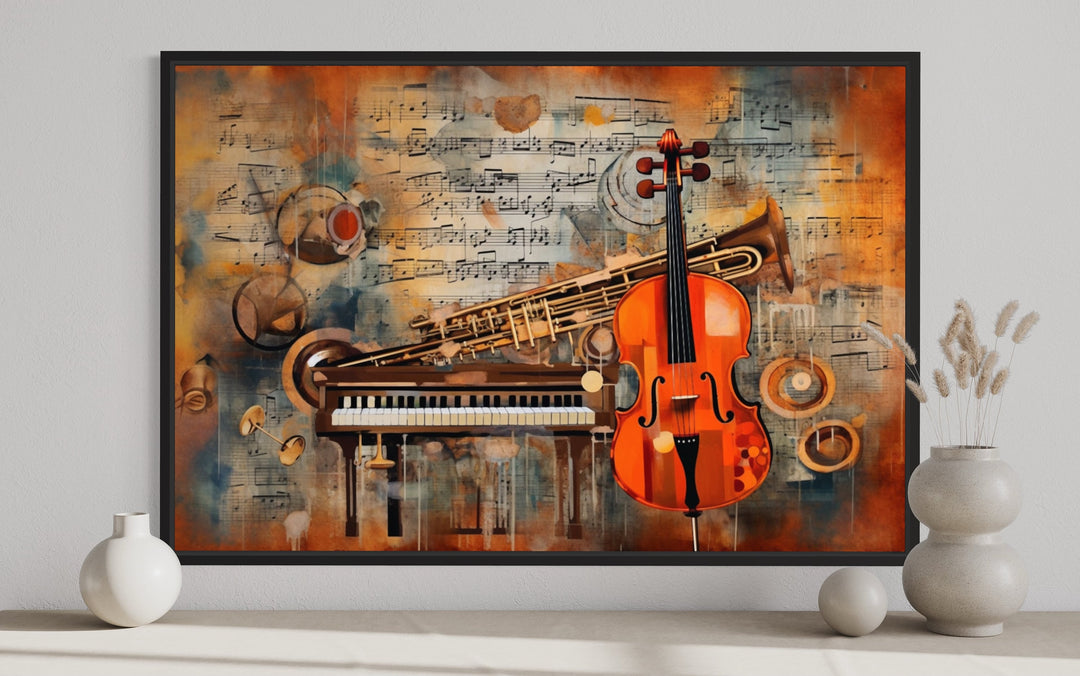 Musical Instruments And Notes Abstract Framed Canvas Wall Art