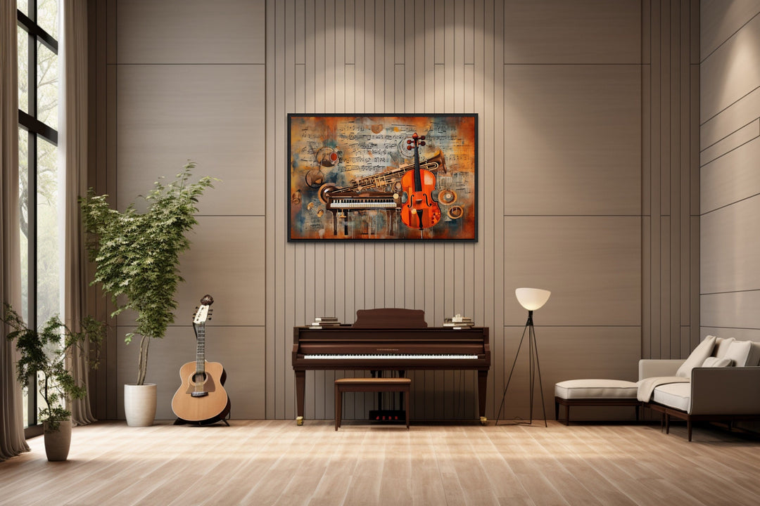 Musical Instruments And Notes Abstract Framed Canvas Wall Art