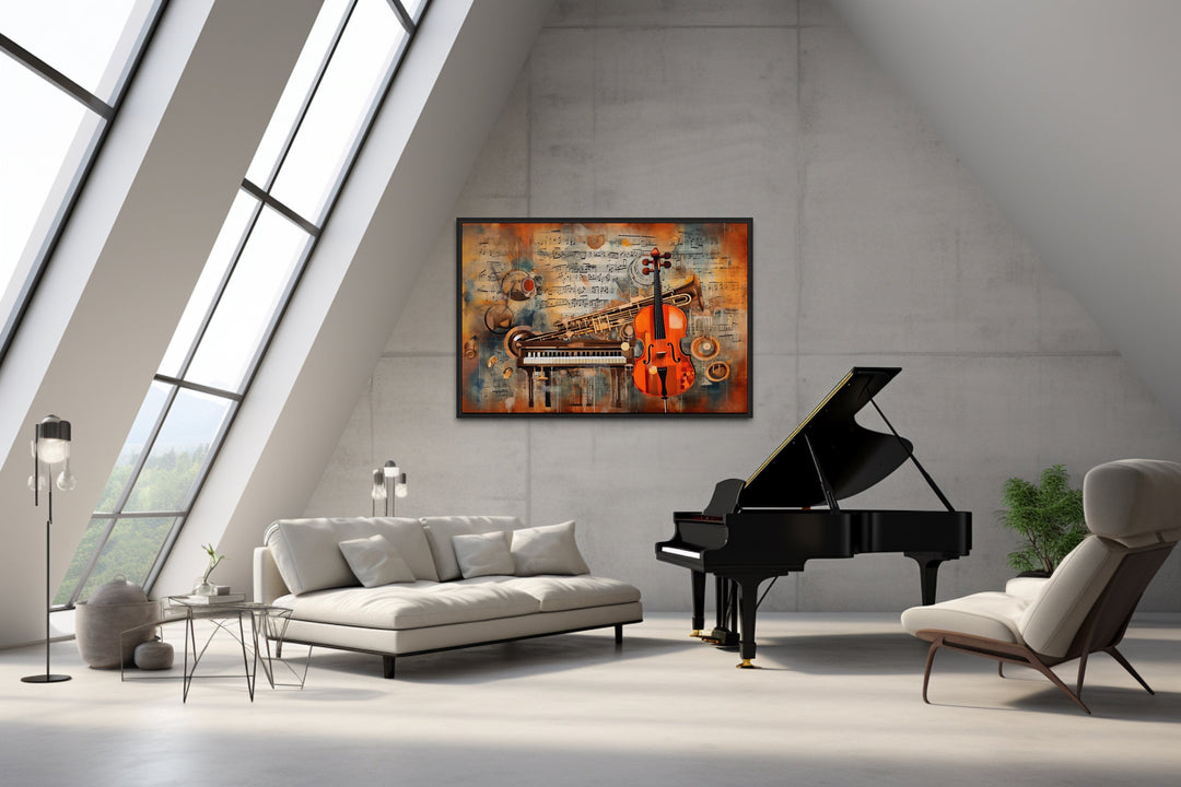 Musical Instruments And Notes Abstract Framed Canvas Wall Art