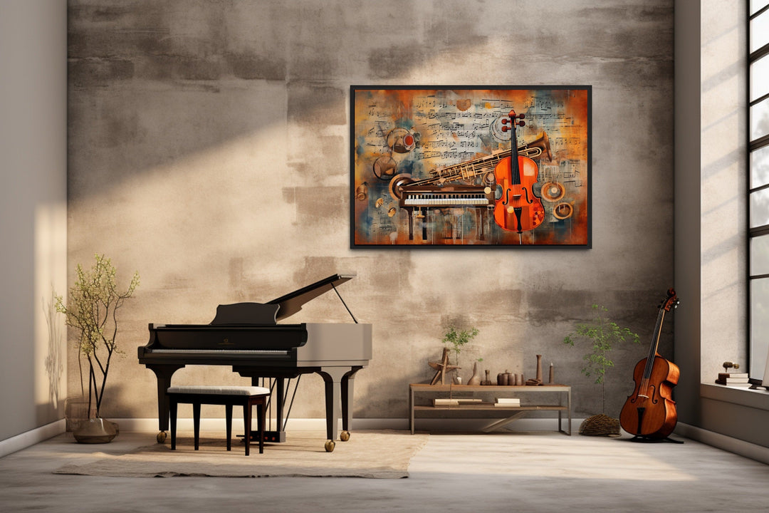 Musical Instruments And Notes Abstract Framed Canvas Wall Art