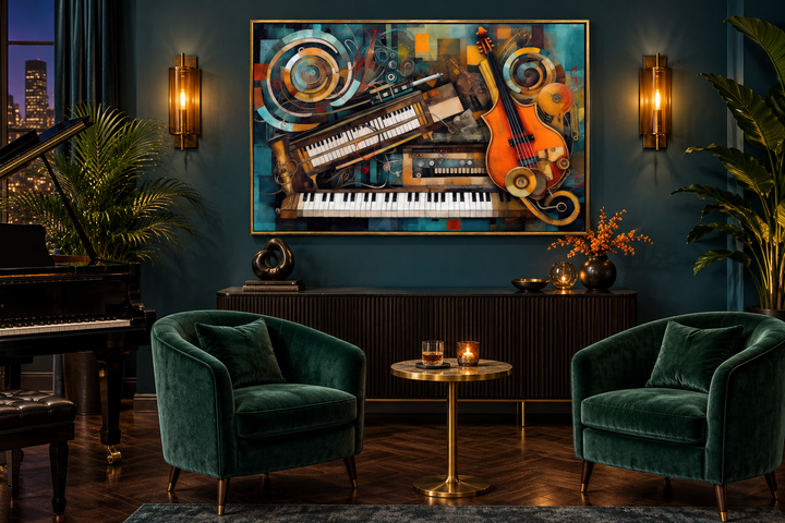 Abstract framed canvas wall art featuring musical instruments in a modern, dark-toned living room.
