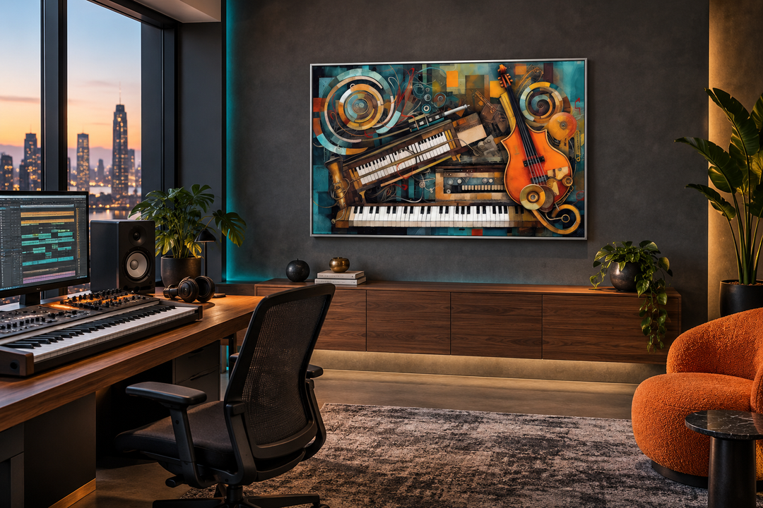 Abstract framed canvas wall art featuring musical instruments in a modern music studio setting.