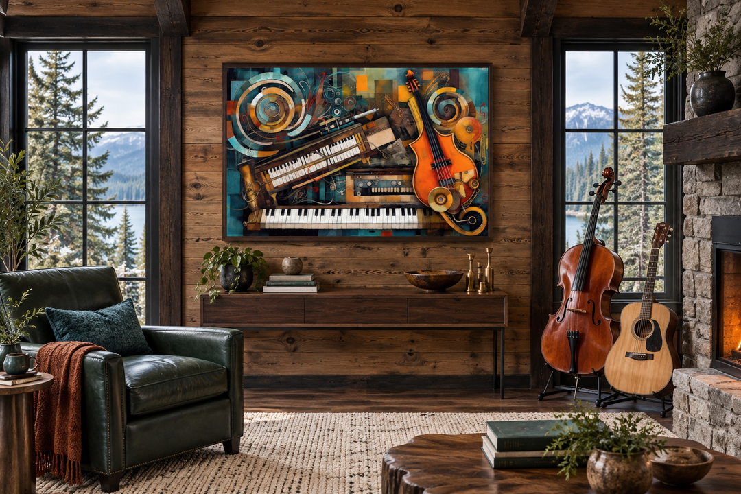 Abstract framed canvas wall art featuring musical instruments in a rustic living room setting.